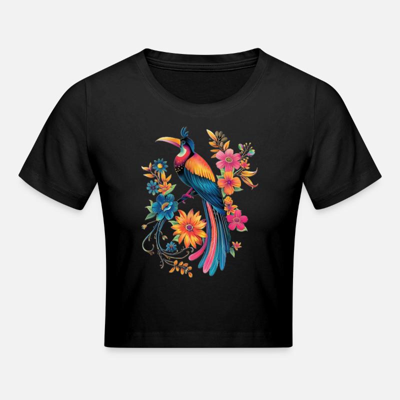 Oiseau coloré avec des fleurs - Crop top - noir