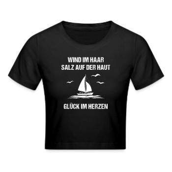 Wind im Haar, Salz auf der Haut, Glück im Herzen - Frauen Cropped T-Shirt - Schwarz - Vorne - Marisol (170cm)