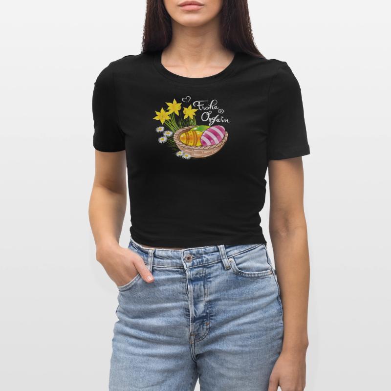 Happy Easter Easter basket Easter eggs Easter flowers eggs Cropped T-Shirt