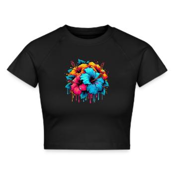 Hibiskusblüten - Frauen Cropped T-Shirt - Schwarz - Vorne - Marisol (170cm)