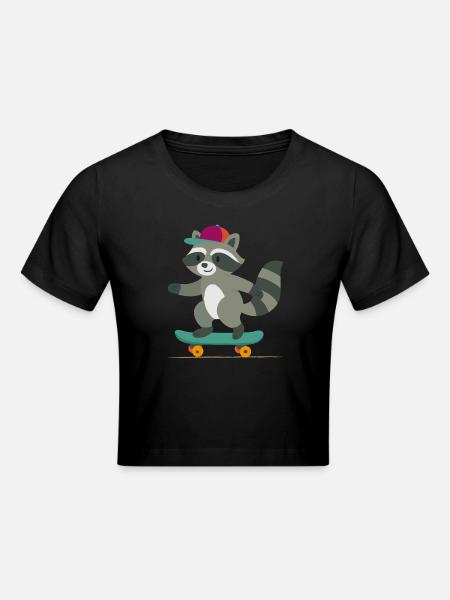 Skateboard raccoon with baseball cap - Cropped T-Shirt - black