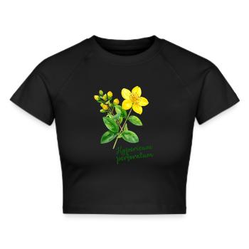 Hypericum perforatum - botanische Illustration - Frauen Cropped T-Shirt - Schwarz - Vorne - Marisol (170cm)