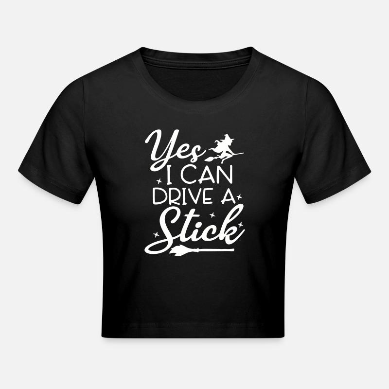 Whimsical Witch Riding Broom Illustration - Cropped T-Shirt - black