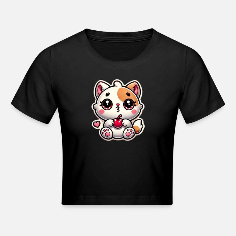 Cute Cat Dream with Cherry - Cropped T-Shirt - black