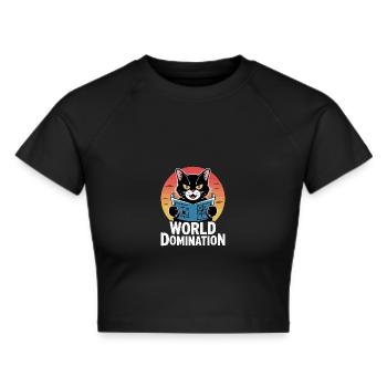 Weltherrschaft – Katze mit großen Plänen - Frauen Cropped T-Shirt - Schwarz - Vorne - Marisol (170cm)