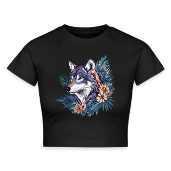 Wilder Wolf mit Blumen - Frauen Cropped T-Shirt - Schwarz - Vorne - Marisol (170cm)