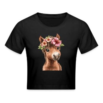Blumenpony mit Kranz - Frauen Cropped T-Shirt - Schwarz - Vorne - Marisol (170cm)