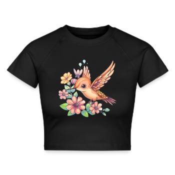 Kolibri zwischen Blüten - Frauen Cropped T-Shirt - Schwarz - Vorne - Marisol (170cm)