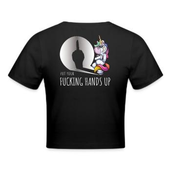 PUT YOUR HANDS UP - Frauen Cropped T-Shirt - Schwarz - Hinten - Marisol (170cm)