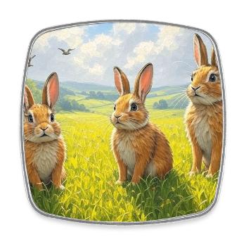 Trois lapins dans le champ de printemps - Magnet carré - blanc - Devant
