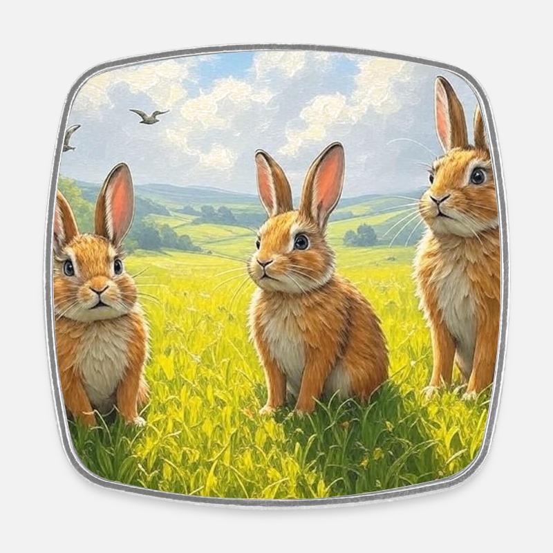 Trois lapins dans le champ de printemps - Magnet carré - blanc