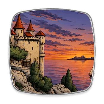 Château au clair de lune près de la mer du Couchant du Soleil - Magnet carré - blanc - Devant