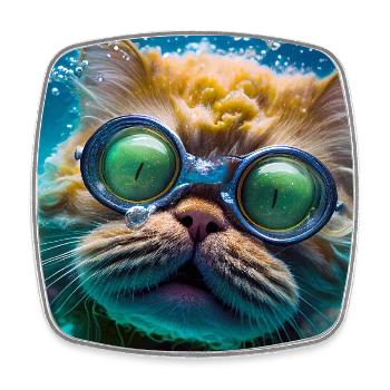 Hector the swimming cat with diving glasses - Square fridge magnet - white - Front