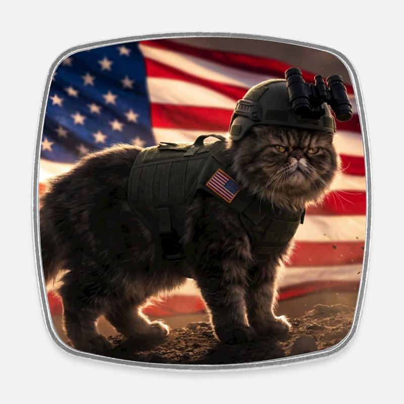 Katzenkrieger vor US-Flagge - Viereckiger Kühlschrankmagnet - Weiß