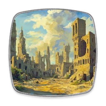 Poster Illustration Paysage médiéval en ruine - Magnet carré - blanc - Devant
