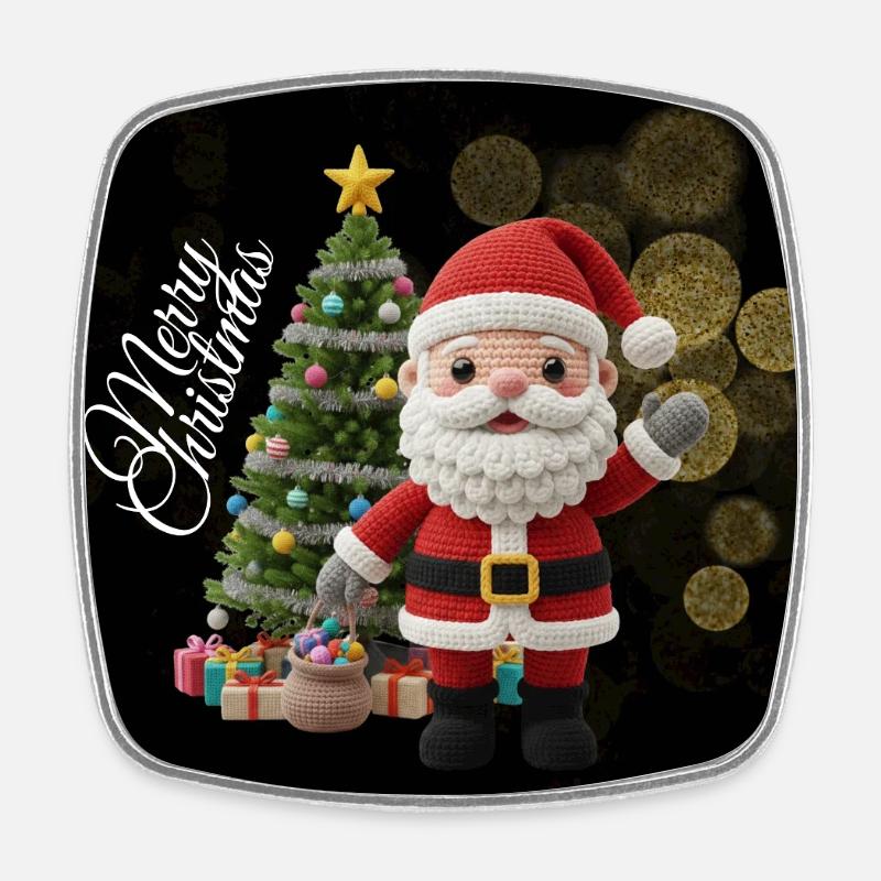Gestrickter Santa mit Weihnachtsbaum - Viereckiger Kühlschrankmagnet - Weiß