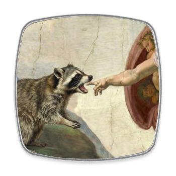 raccoon beating god's hand raccoon meme - Square fridge magnet - white - Front