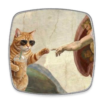Cat Slaps God's Hand Funny Cats Meme - Square fridge magnet - white - Front