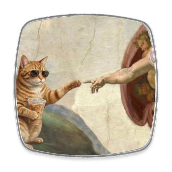 Cat Slaps God's Hand Funny Cats Meme - Square fridge magnet - white - Front