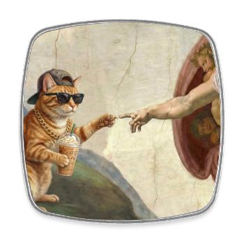 Cat Slaps God's Hand Funny Cats Meme - Square fridge magnet - white - Front