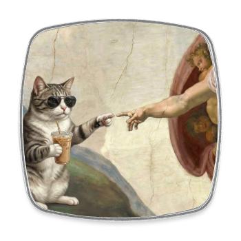 Cat Slaps God's Hand Funny Cats Meme - Square fridge magnet - white - Front
