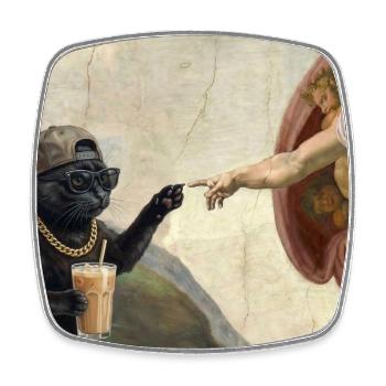Cat Slaps God's Hand Funny Cats Meme - Square fridge magnet - white - Front