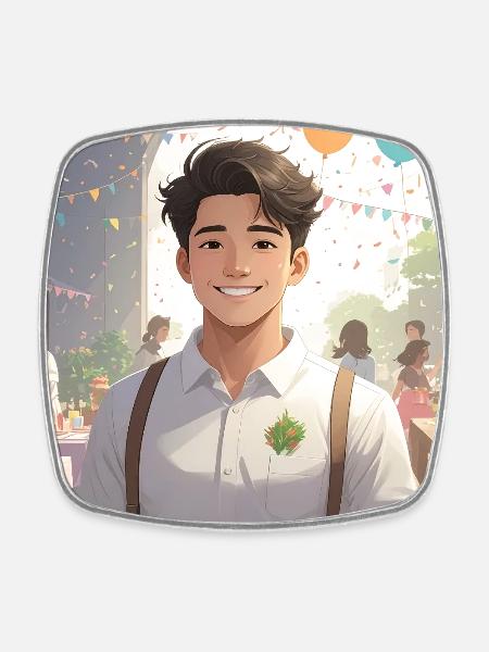 Portrait of a young man at a summer party - Square fridge magnet - white