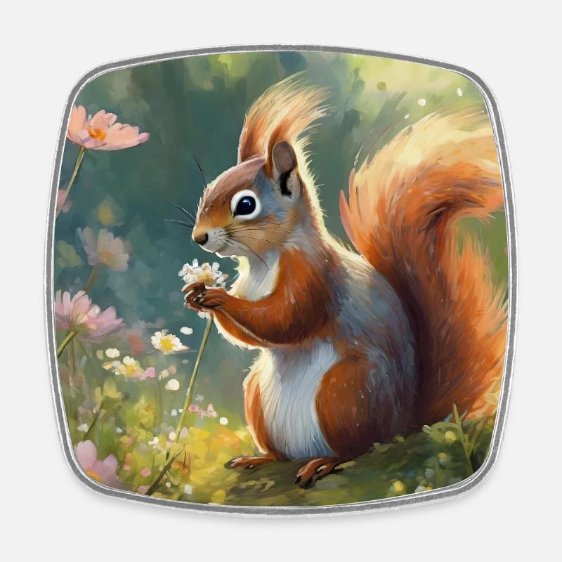 Squirrels in the flower garden - Square fridge magnet - white