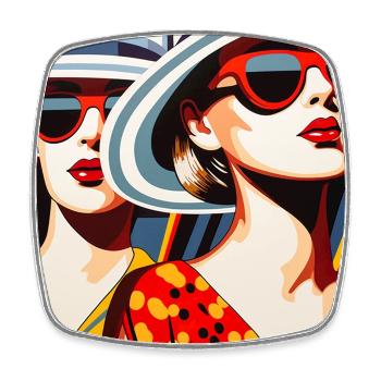 Deux Rétro Pop Art Femmes Chapeau De Soleil Lunettes de Soleil - Magnet carré - blanc - Devant