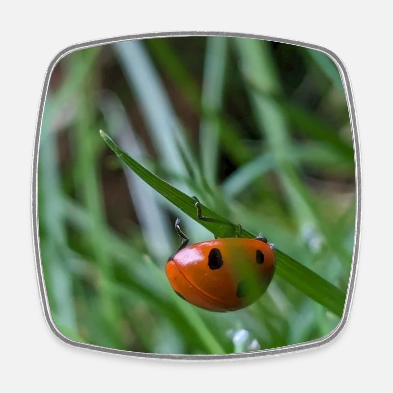 Close-up: Ladybug on grass - Square fridge magnet - white