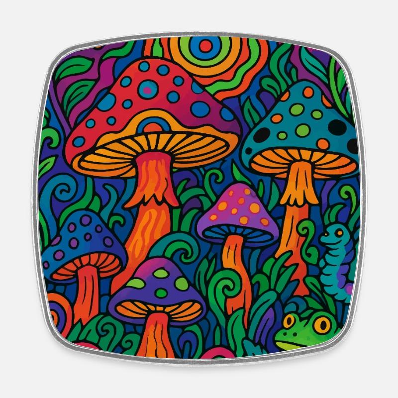 Forêt de champignons psychédéliques - Œuvres d’art rétro colorées - Magnet carré - blanc