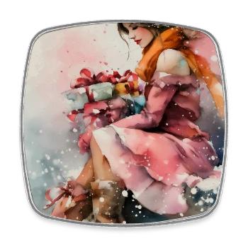 Fille d'hiver en aquarelle et cadeaux - Magnet carré - blanc - Devant