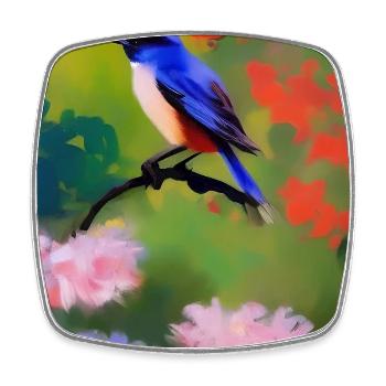Bird on branch with flower blossoms - Square fridge magnet - white - Front