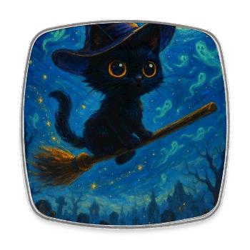 Chat noir avec un balai de sorcière - Magnet carré - blanc - Devant