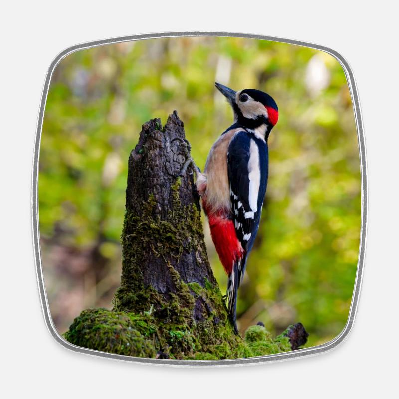 Woodpecker on Mossy Forest Stump - Square fridge magnet - white