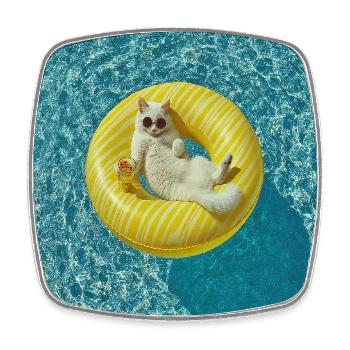 Sunlit Cat on Yellow Pool Float - Square fridge magnet - white - Front