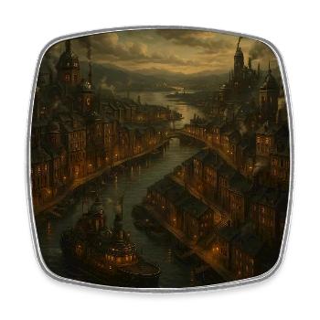 Bergen Norway – Steampunk Travel Poster Fjord - Square fridge magnet - white - Front