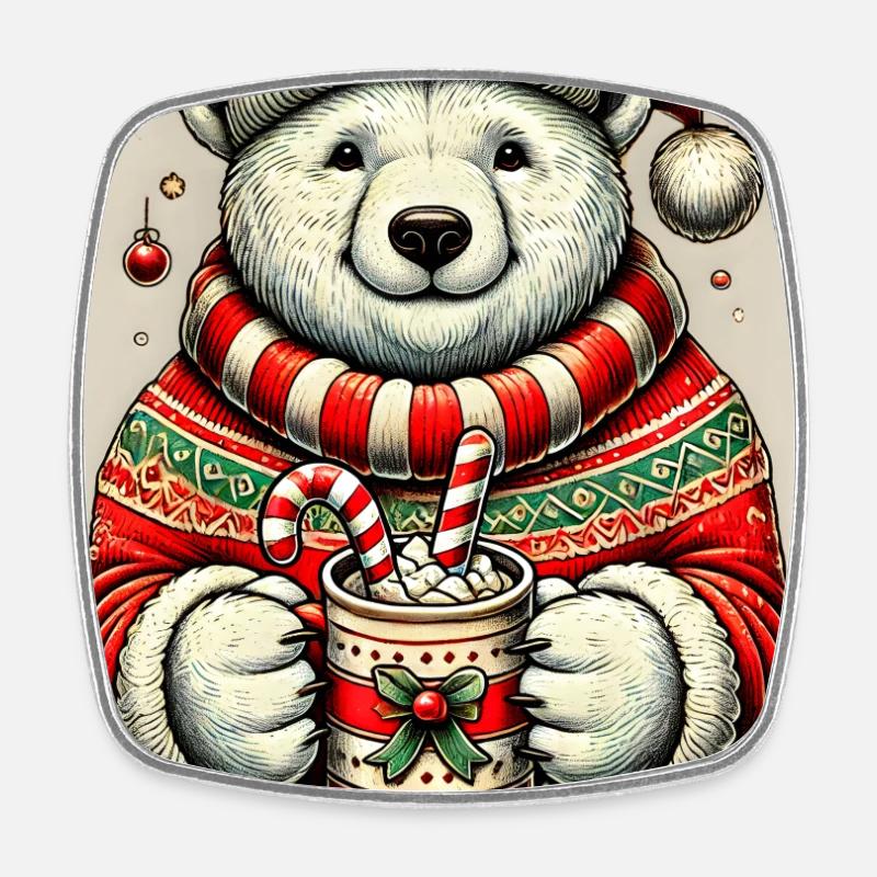Ours polaire de Noël avec chocolat chaud - Magnet carré - blanc