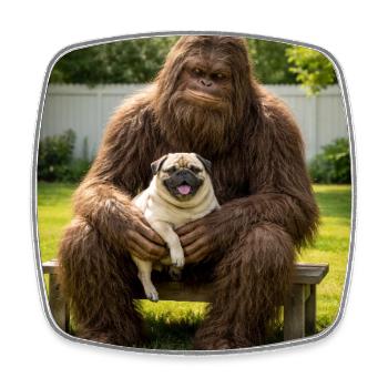 Pug Sitting with Bigfoot Funny Dog Lover - Square fridge magnet - white - Front
