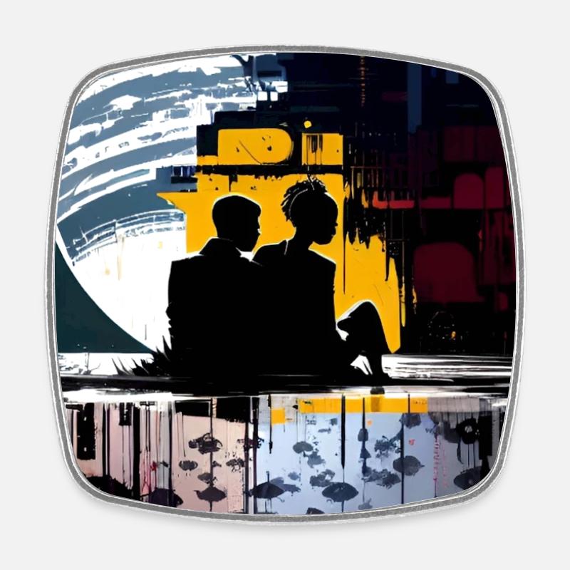 Futuristic Cityscape with Silhouettes - Square fridge magnet - white