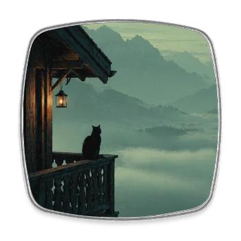 Black Cat on Mountain Balcony – Asian Zen Design - Square fridge magnet - white - Front