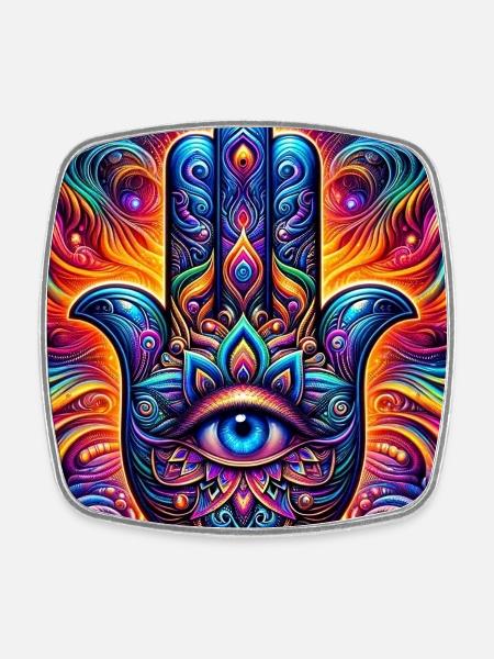 Psychedelic Hamsa Eye Hand Mandala - Square fridge magnet - white