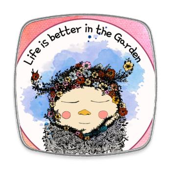 La vie est meilleure dans le jardin – Nain aux fleurs - Magnet carré - blanc - Devant