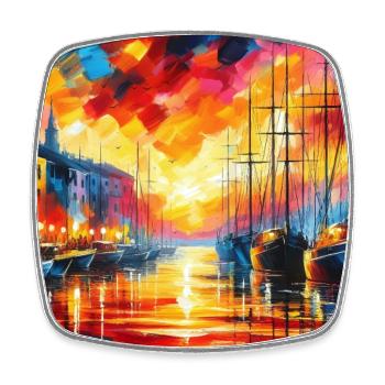 Vibrant Harbor Sunset with Boats and Colors - Square fridge magnet - white - Front