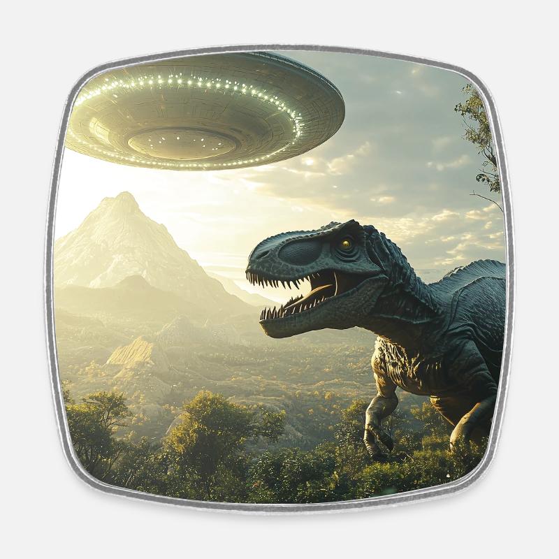T-Rex Selfie mit UFO - Viereckiger Kühlschrankmagnet - Weiß