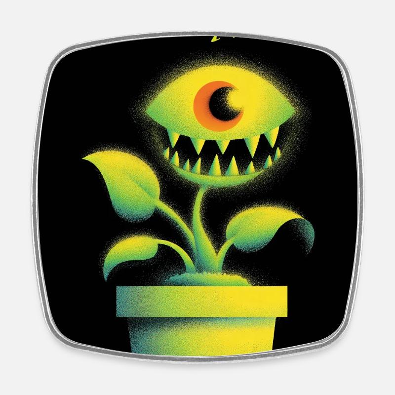 Futuristic plant with monster eyes - Square fridge magnet - white