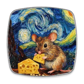 Souris mange du fromage Nuit étoilée à la Van Gogh - Magnet carré - blanc - Devant
