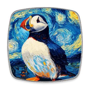 Macareux Oiseau Style Van Gogh Nuit étoilée - Magnet carré - blanc - Devant
