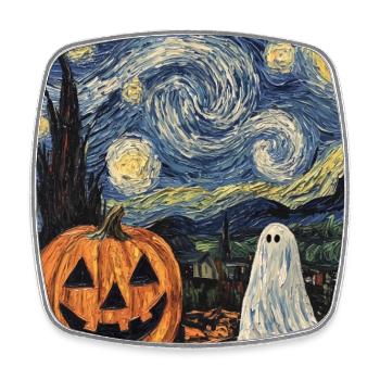 Pumpkin Ghost Halloween Van Gogh Style Starry Night - Square fridge magnet - white - Front