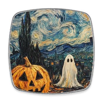 Pumpkin Ghost Halloween Van Gogh Style Starry Night - Square fridge magnet - white - Front